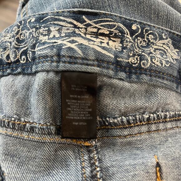 Vtg Y2K 2000s Express Blue Denim Distressed Mini Skirt Wmns 6 Punk Skater - Picture 7 of 8